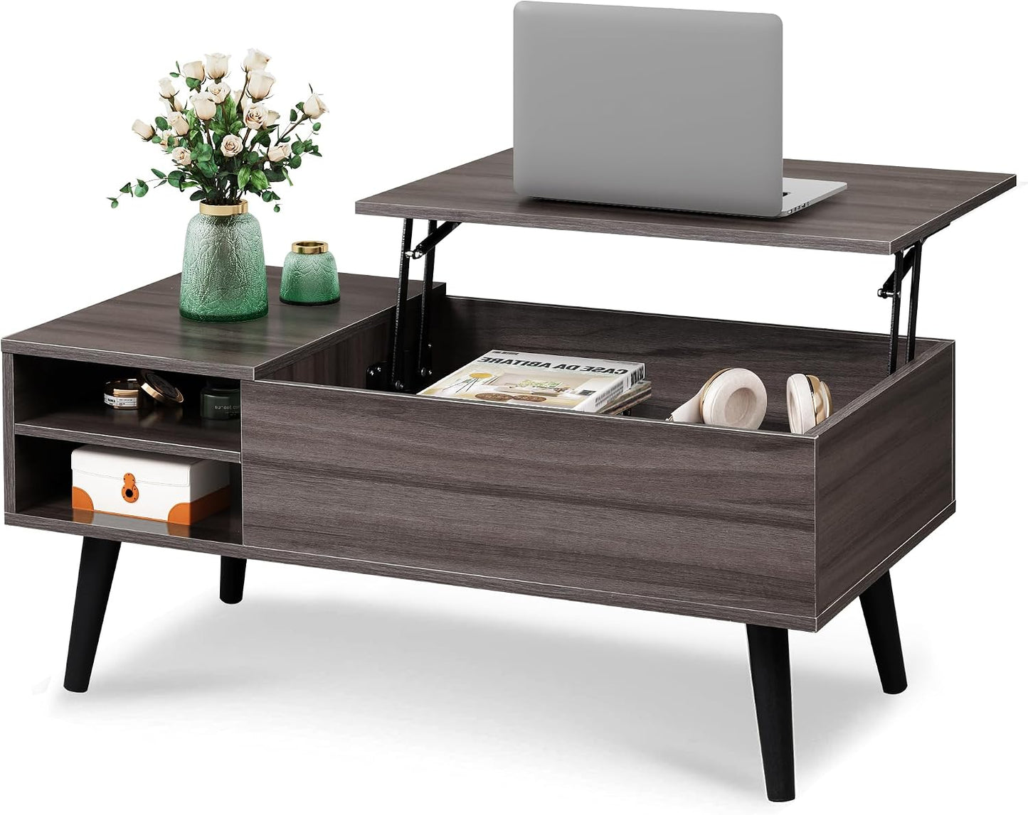 WLIVE Coffee Table with Lifting Top, Hidden Storage & Adjustable Shelf for Living Room Small Space, Multifunctional Rising Wooden Center Table, Mid Century Modern Tables for Home Dining Office, Brown — Grey / 39.4"W x 19.7"D x 16.9"H