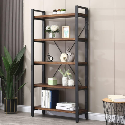 WH-AOERPUMY 5 Tier Bookcase, Solid Wood Bookshelf Rustic Vintage Industrial Etagere Bookcase, Metal and Wood Free Vintage Bookshelf, Retro Brown (5-Tiers) — 5-Tiers-Solid Wood