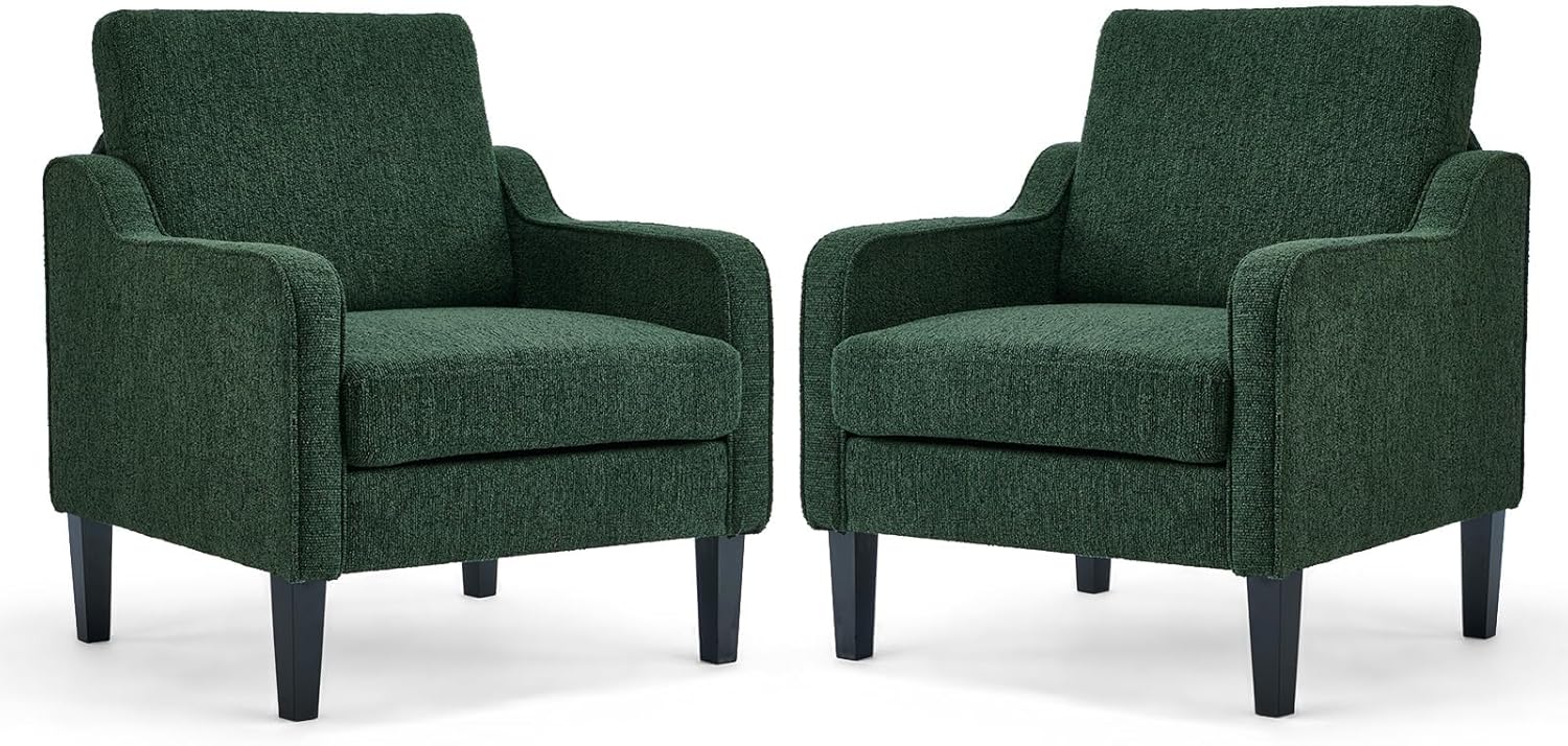 VINGLI Modern Accent Chairs Set of 2, Beige Living Room Chairs Comfy Armchair for Bedroom, Upholstered Sofa Chair Reading Chair for Small Spaces, Apartment, Waiting Room — 2 / Dark Green