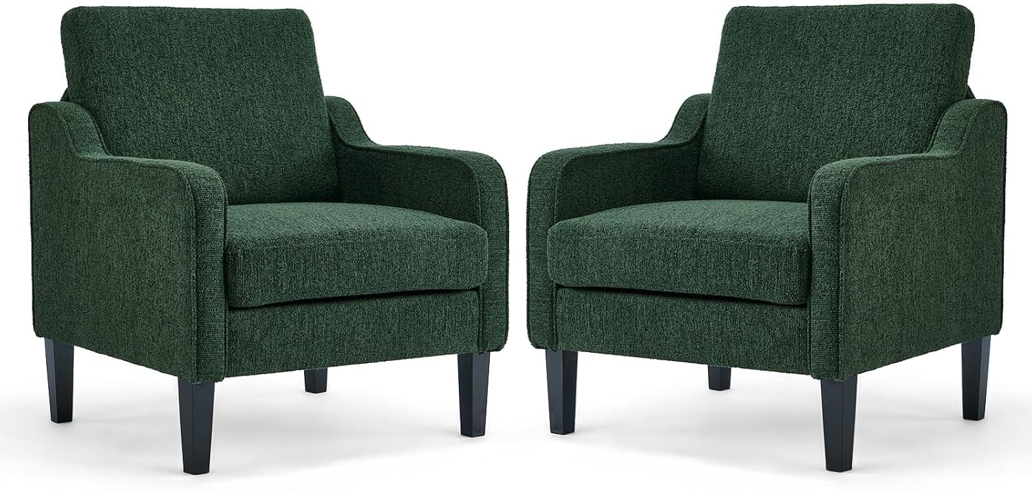 VINGLI Modern Accent Chairs Set of 2, Beige Living Room Chairs Comfy Armchair for Bedroom, Upholstered Sofa Chair Reading Chair for Small Spaces, Apartment, Waiting Room — 2 / Dark Green