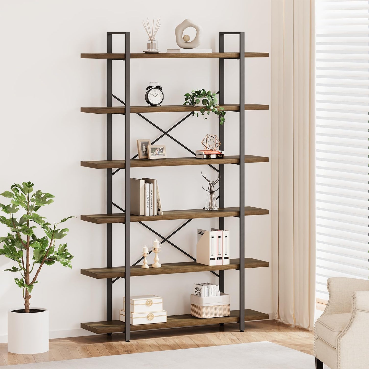 HSH White Bookshelf, 6 Tier Tall Bookcases for Bedroom Living Room Office | Industrial Modern Vertical Metal and Wood Bookcases, Farmhouse 6 Shelf Open Large Storage Book Shelves Display Book Shelf