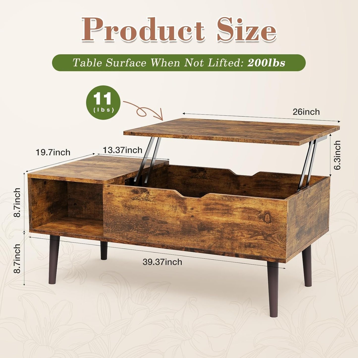 OLIXIS Wooden Coffee Table, Lift Top Coffee Table with Large Hidden Compartment and Ample Storage Shelf, Lift Tabletop Dining Table for Living Room, Home Small Space, Rustic — Rustic / 19.7 inches x 39.4 inches x 6.3 inches (2)