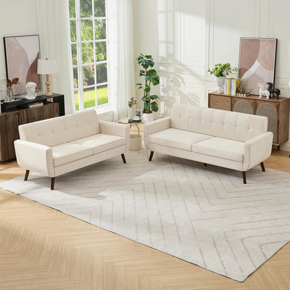 Tbfit Linen Fabric Single Sofa, Accent Chair, Mid Century Modern Armchair for Living Room, Bedroom Button Tufted Upholstered Comfy Reading Sofas, Beige — Loveseat & Standard / Beige