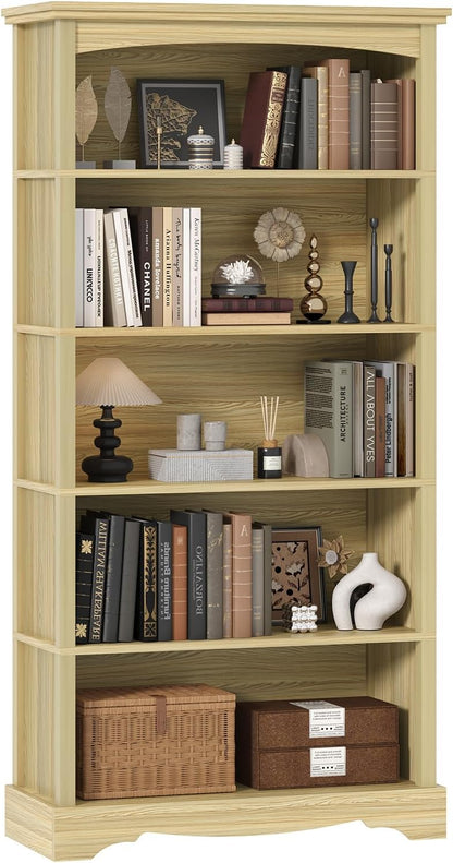 TVU 5-Tier Wooden Bookshelf, 31.5" W x 65" H ×9.9" D Bookshelf with Storage, Floor Standing Modern Style Display Bookcase for Living Room, Office, Study Room, Entryway, Brown — Natural Wood Color / 5 Tier