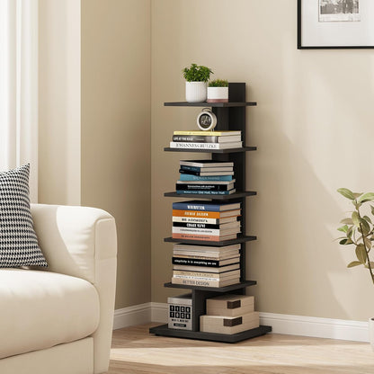 TUTOTAK Book Shelf, Narrow Spine Bookshelf, 8-Tier Bookcase for Small Space | 10.4 x 13.4 x 47.5 Inches Vertical Freestanding Corner Shelf for Living Room, Office, Study, Entryway, Brown BS06BB008 — 6 Tier - Shelf / Black