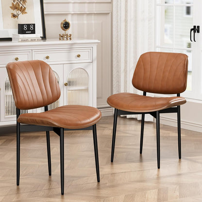 YaFiti Mid Century Dining Chairs Set of 4 with Walnut Bentwood, Greige | Ergonomic Walnut Backrest, Upholstered Waterproof PU Leather Seat, Stable Metal Legs, Adjustable Footpads, Apartment Friendly — Light Tan Scallop / 2