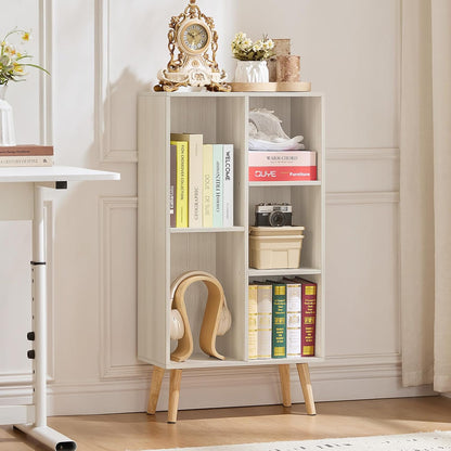 LEYAOYAO Cube Bookshelf 3 Tier Mid-Century Rustic Brown Modern Bookcase with Legs,Retro Wood Bookshelves Storage Organizer Shelf,Freestanding Open Book Shelves for Bedroom,Living Room,Office — Light Grey White / 5 Cube with Legs