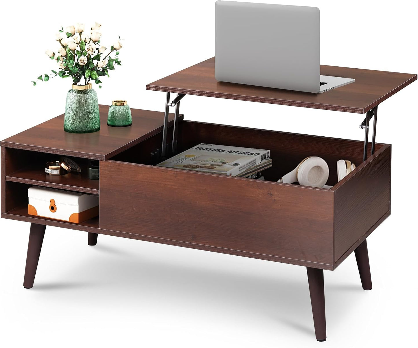 WLIVE Coffee Table with Lifting Top, Hidden Storage & Adjustable Shelf for Living Room Small Space, Multifunctional Rising Wooden Center Table, Mid Century Modern Tables for Home Dining Office, Brown