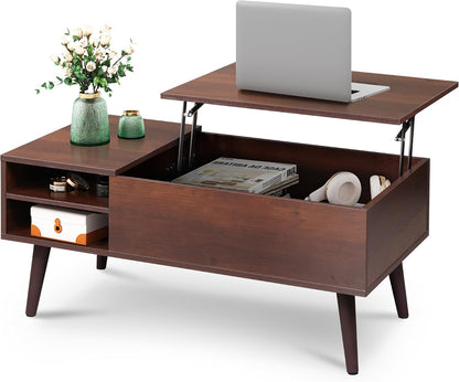 WLIVE Coffee Table with Lifting Top, Hidden Storage & Adjustable Shelf for Living Room Small Space, Multifunctional Rising Wooden Center Table, Mid Century Modern Tables for Home Dining Office, Brown