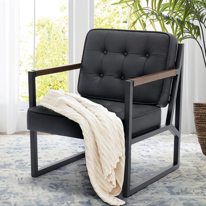 COLAMY Mid Century Modern Accent Chair Set of 2, Comfy Living Room Chair, Black Leather Accent Chair, Faux Leather Reception Armchair with Metal Legs for Living Room Bedroom Reception Office, Black — Black / Set of 1