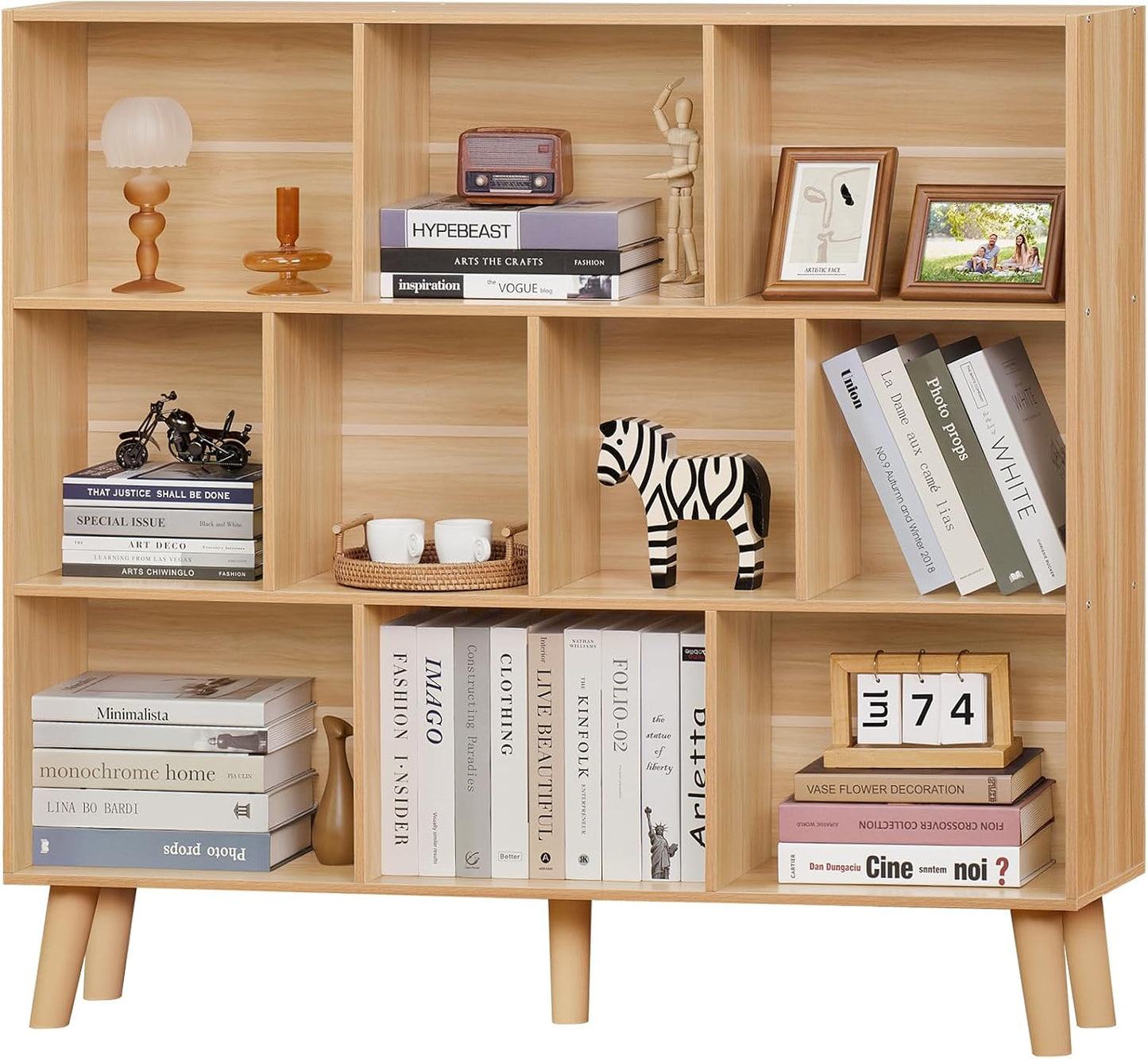 LEYAOYAO Cube Bookshelf 3 Tier Mid-Century Rustic Brown Modern Bookcase with Legs,Retro Wood Bookshelves Storage Organizer Shelf,Freestanding Open Book Shelves for Bedroom,Living Room,Office — Natural / 10 Cube with Legs