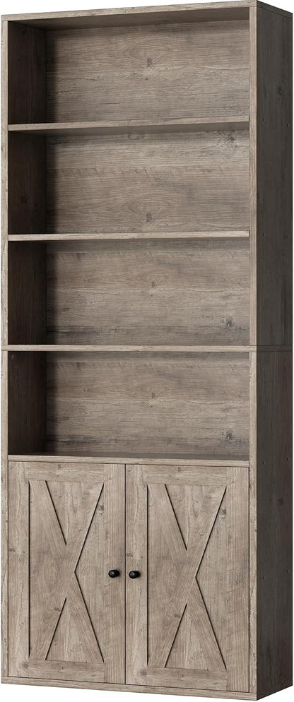 Shintenchi Bookshelf, Industrial Bookshelves and Bookcases with Doors Floor Standing 6 Shelf Display Storage Shelves 70.9 inches Tall Bookcase for Home Office, Living Room (Black) — Grey