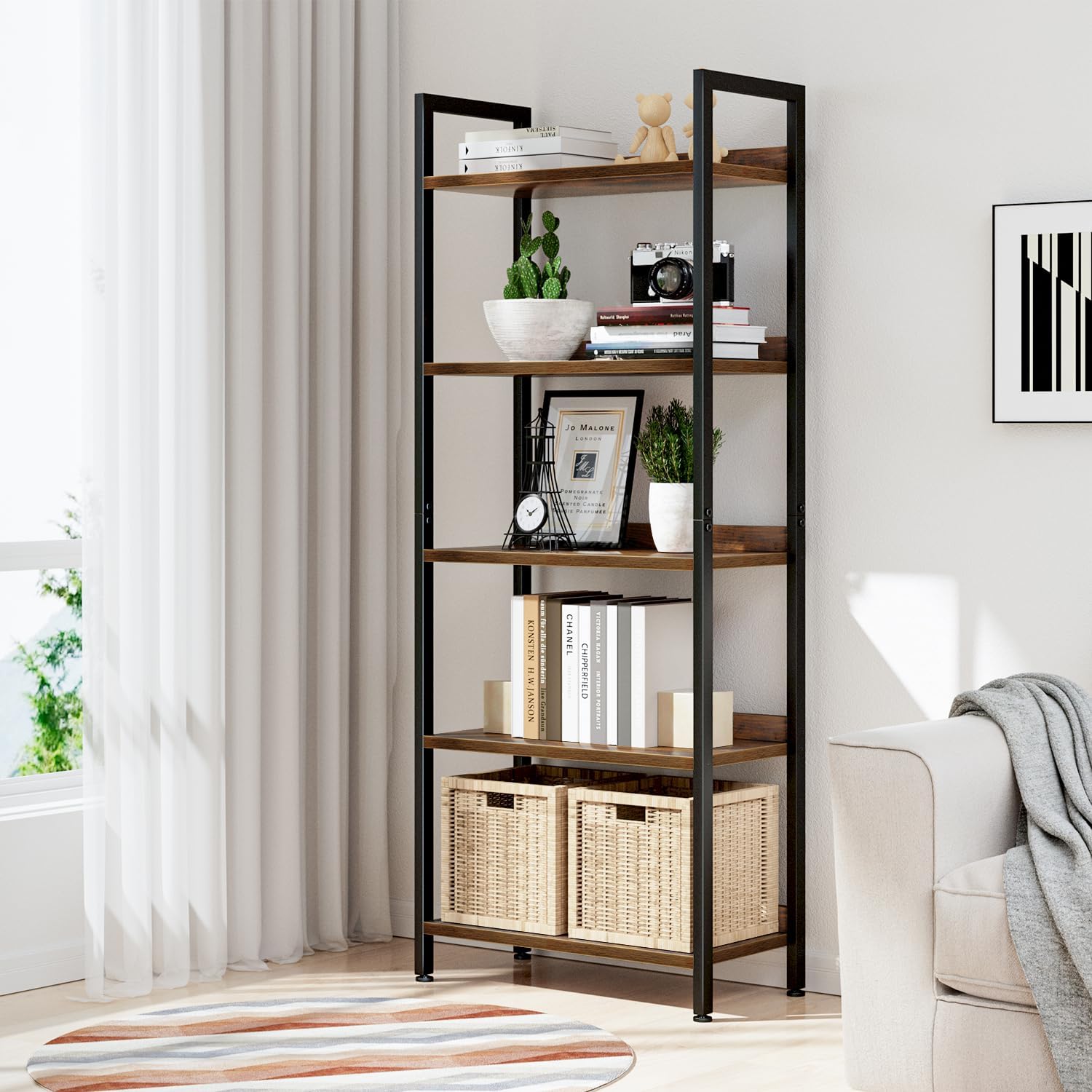 NUMENN Bookshelf, 5 Tier Bookshelves, Home Office Bookcase Shelf Storage Organizer, Free Standing Storage Shelving Unit for Bedroom, Living Room and Home Office, Vintage — 5 Tier(Wide) / Vintage (2)