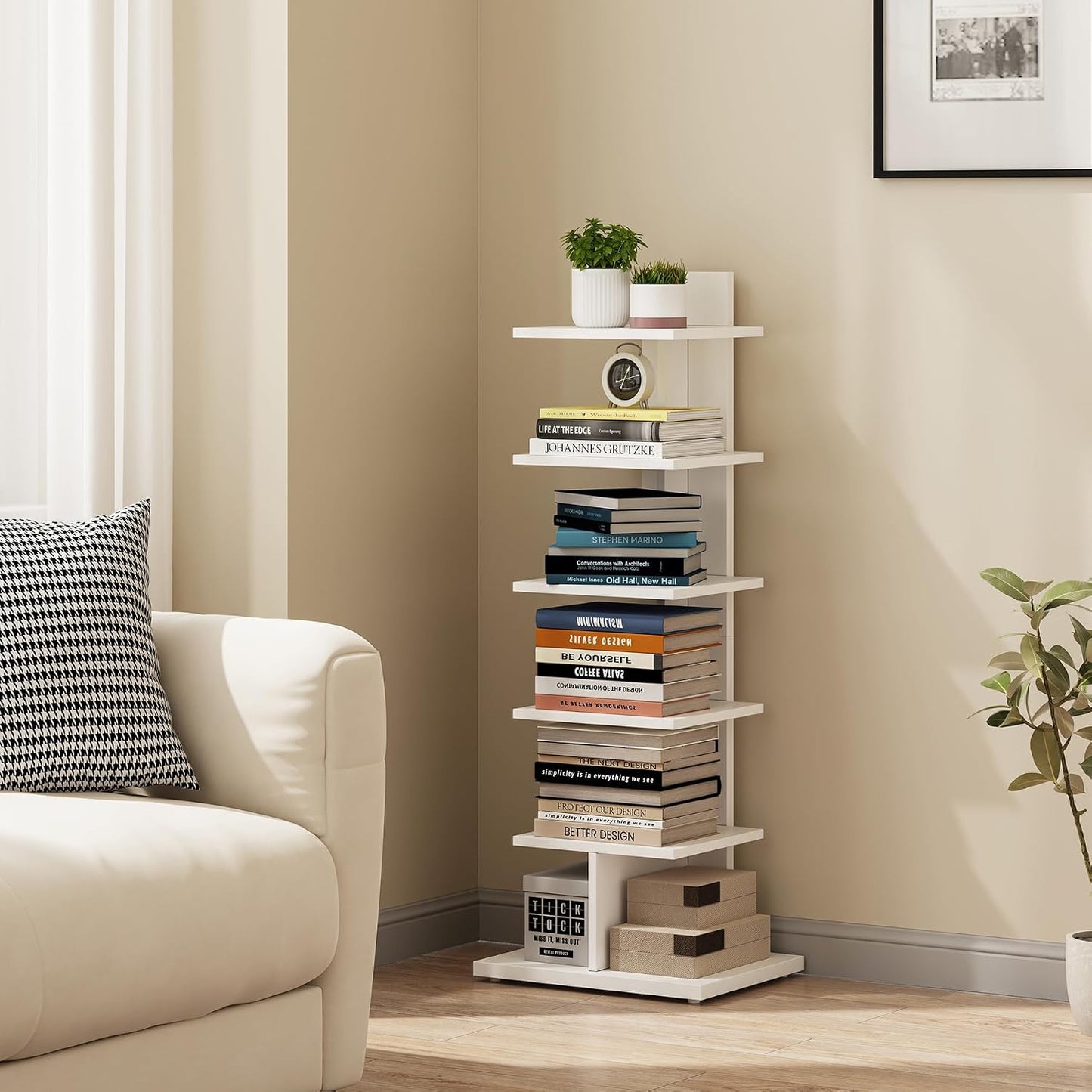 TUTOTAK Book Shelf, Narrow Spine Bookshelf, 8-Tier Bookcase for Small Space | 10.4 x 13.4 x 47.5 Inches Vertical Freestanding Corner Shelf for Living Room, Office, Study, Entryway, Brown BS06BB008 — 6 Tier - Shelf / White