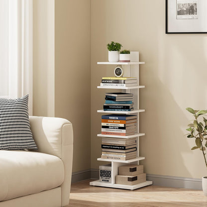 TUTOTAK Book Shelf, Narrow Spine Bookshelf, 8-Tier Bookcase for Small Space | 10.4 x 13.4 x 47.5 Inches Vertical Freestanding Corner Shelf for Living Room, Office, Study, Entryway, Brown BS06BB008 — 6 Tier - Shelf / White