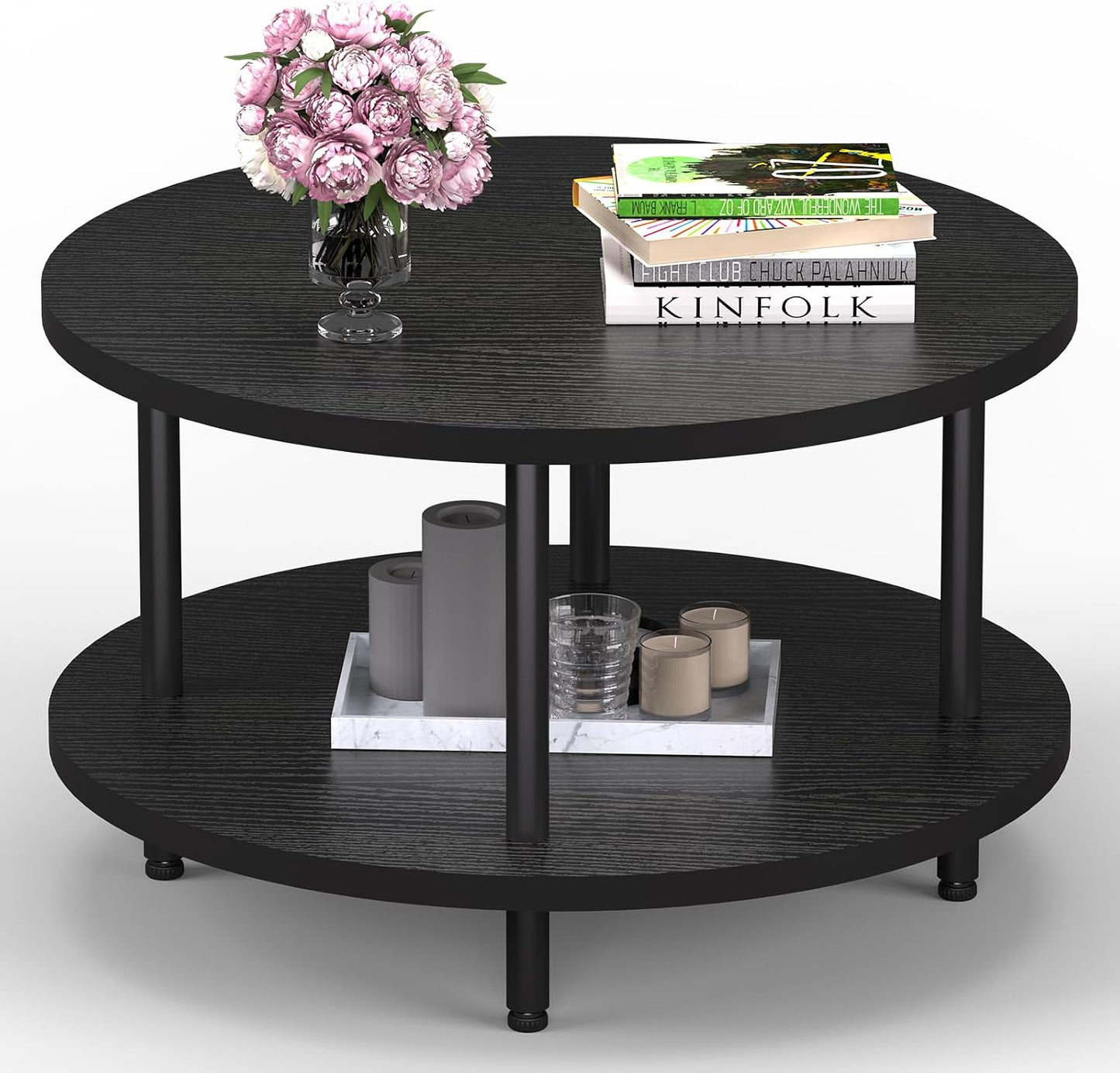 FAMIDGE Coffee Table, 23.6" Coffee Tables for Living Room, Round Coffee Table with Metal Frame, Floor Table for Sitting on The Floor, Home, Office, Black — Style2 Black(23.6dx18.1h) / 2 Tier