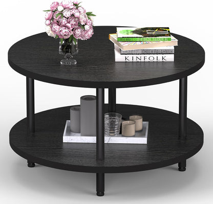 FAMIDGE Coffee Table, 23.6" Coffee Tables for Living Room, Round Coffee Table with Metal Frame, Floor Table for Sitting on The Floor, Home, Office, Black — Style2 Black(23.6dx18.1h) / 2 Tier