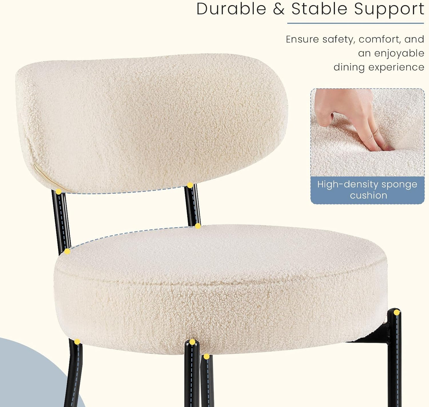 DUMOS Dining Chairs Set of 2, Mid Century Modern Chair Round Upholstered Curved Backrest, Kitchen Vanity Living Room Chairs with Black Metal Legs，Ivory White — Ivory White / Set of 2 (5)