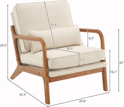 Karl home Mid-Century Accent Reading Chairs Set of 2, Beige | Linen Upholstered, Solid Wood Frame, Soft Cushion, Lumbar Pillow, Lounge Armchair for Living Room, Bedroom, Balcony, Study — Beige (2)