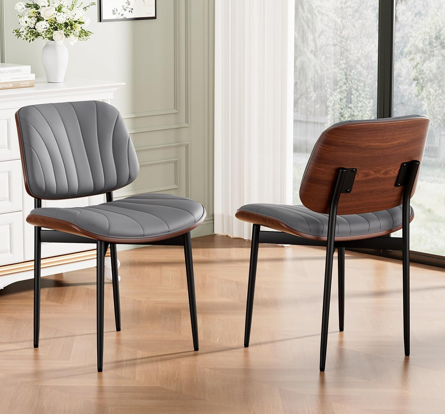 Dining Chairs Set of 4, Mid-Century Modern Upholstered PU Leather Chairs | with Walnut Bentwood Back and Metal Legs Adjustable Feet for Kitchen Dining Room, Camel Shell Strips — Dark Gray Shell Strips / 2