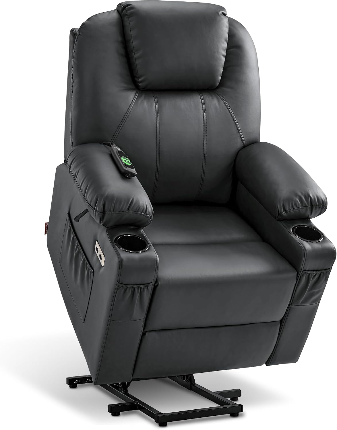MCombo Electric Power Lift Recliner Chair Sofa with Massage and Heat for Elderly, 3 Positions, 2 Side Pockets, and Cup Holders, USB Ports, Faux Leather 7040 (Grey, Medium) — Small / Black