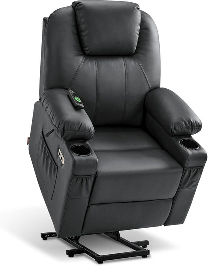MCombo Electric Power Lift Recliner Chair Sofa with Massage and Heat for Elderly, 3 Positions, 2 Side Pockets, and Cup Holders, USB Ports, Faux Leather 7040 (Grey, Medium) — Small / Black