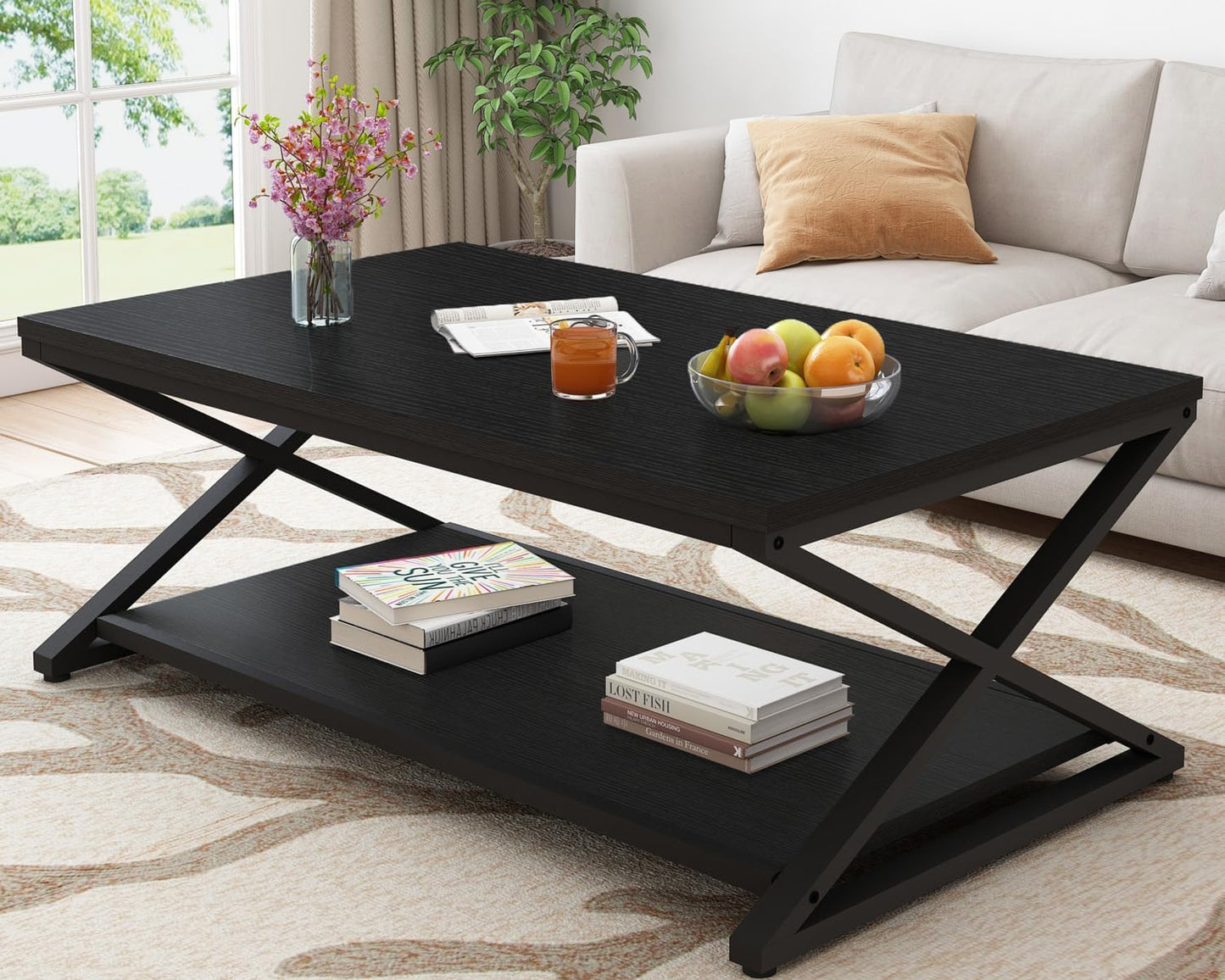 HSH Wood Coffee Table with Storage, Farmhouse Rustic Brown Coffee Table for Living Room, Modern Minimalist 2 Tier Center Table, Simple Rectangle Cocktail Tea Table in Home Office Bedroom, 39 Inch — 47 Inch / Black Oak