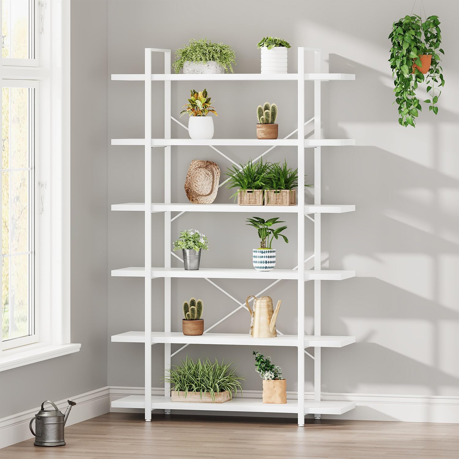 HSH White Bookshelf, 6 Tier Tall Bookcases for Bedroom Living Room Office | Industrial Modern Vertical Metal and Wood Bookcases, Farmhouse 6 Shelf Open Large Storage Book Shelves Display Book Shelf — 6-Tier / White Oak (8)