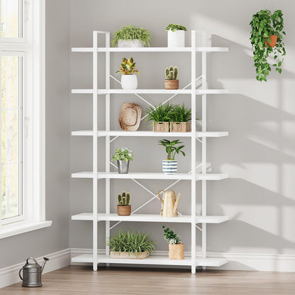 HSH White Bookshelf, 6 Tier Tall Bookcases for Bedroom Living Room Office | Industrial Modern Vertical Metal and Wood Bookcases, Farmhouse 6 Shelf Open Large Storage Book Shelves Display Book Shelf — 6-Tier / White Oak (8)