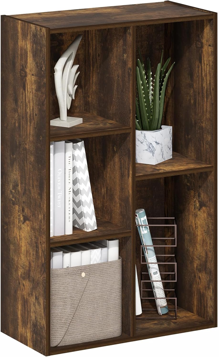 Furinno LUDER Book Shelf, 5-Cube Bookshelf, Reversible Bookcase, 9.4 x 19.5 x 31.5, Easy Assembly, for Living Room, Bedroom, Home Office, White — Amber Pine / 5-Cube