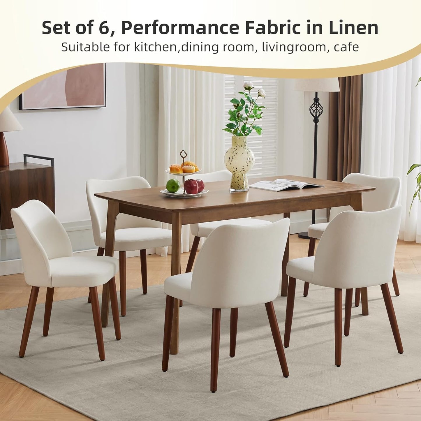 GarveeHome Wooden Dining Chair Set of 4 Upholstered Fabric Dining Chair | Modern Kitchen Chairs with Curved Backrest Leveling Feet for Dining Room, Living Room, , No tool assembly, No Wobble, White — White (6)