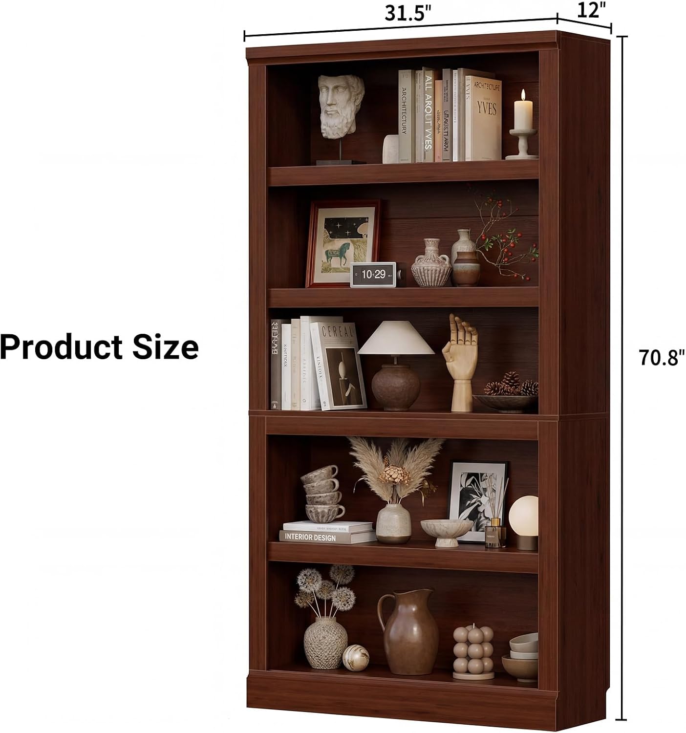 Unikito Bookshelf, 5 Tier Book Shelf, 71 Inch Tall Bookcase with Adjustable Shelves, Open Storage Book Case Organizer, Freestanding Display Shelf Stand for Living Room, Home Office, Bedroom, Cherry — 5-tier / Cherry (3)