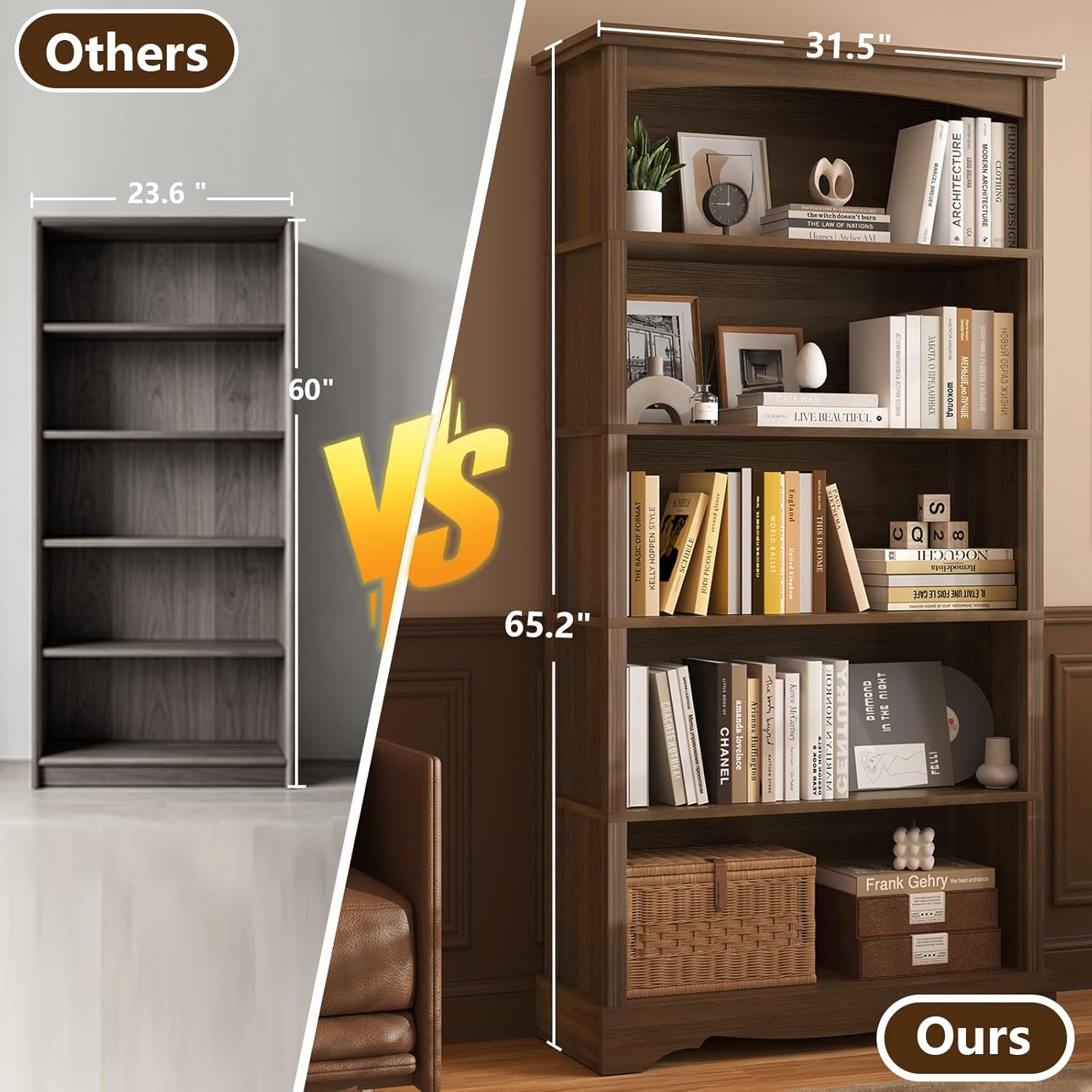 TVU 5-Tier Wooden Bookshelf, 31.5" W x 65" H ×9.9" D Bookshelf with Storage, Floor Standing Modern Style Display Bookcase for Living Room, Office, Study Room, Entryway, Brown — Brown / 5 Tier (6)