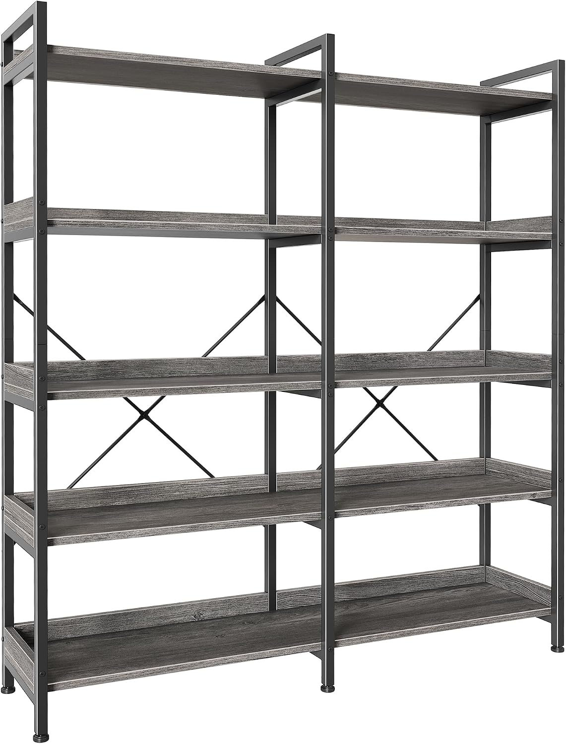 Huuger 5 Tier Bookshelf, Display Bookshelf with 10 Open Shelves and Raised Baffle, 47.2 Inch Straight Wide Bookcase with Metal Frame and Wooden Board, Adjustable Feet, Rustic Brown — 5 Tier / Grey