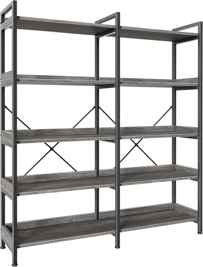 Huuger 5 Tier Bookshelf, Display Bookshelf with 10 Open Shelves and Raised Baffle, 47.2 Inch Straight Wide Bookcase with Metal Frame and Wooden Board, Adjustable Feet, Rustic Brown — 5 Tier / Grey