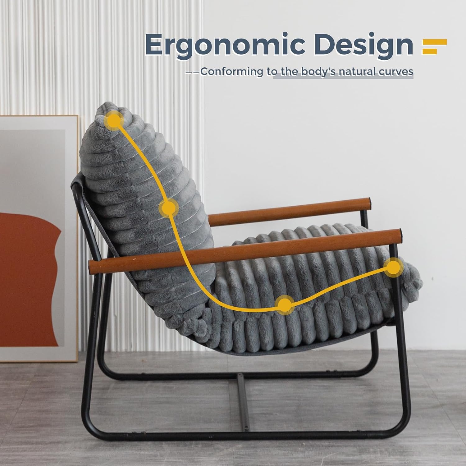 MAXYOYO Accent Chair, Sherpa Arm Chair for Living Room, Mid Century Modern Accent Chairs, Boucle Reading Bedroom Chair, Teddy Armchair, Wooden Arms Metal Frame — Grey (5)