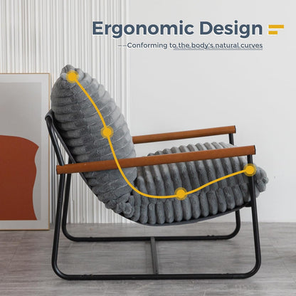 MAXYOYO Accent Chair, Sherpa Arm Chair for Living Room, Mid Century Modern Accent Chairs, Boucle Reading Bedroom Chair, Teddy Armchair, Wooden Arms Metal Frame — Grey (5)