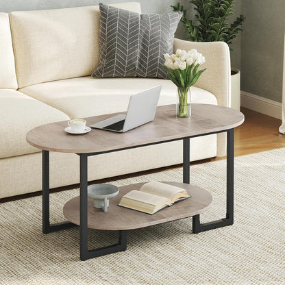 HOOBRO Coffee Table for Living Room, Oval Small Coffee Table with 2-Tier Open Storage Shelf, Industrial Cocktail Tea Table, Wooden Desktop Center Table, Farmhouse, Home Office, Rustic Brown BF09KF01 — Greige