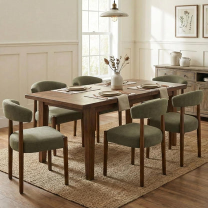 VKNOW Wooden Dining Chairs Set of 4, Modern Upholstered Dining Room Chairs with Walnut Wood Legs and Curved Backrest, Fabric Kitchen Chairs for Farmhouse/Living Room/Dining Room, Green — Set of 6 / Green