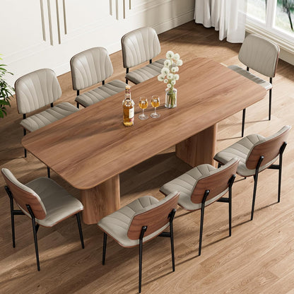 Dining Chairs Set of 4, Mid-Century Modern Upholstered PU Leather Chairs | with Walnut Bentwood Back and Metal Legs Adjustable Feet for Kitchen Dining Room, Black Shell Strips — Greige Shell Strips / 8