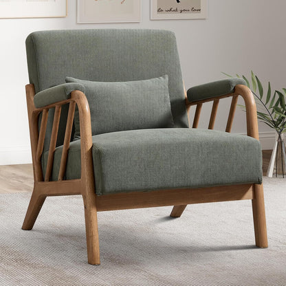 INZOY Mid Century Modern Accent Chair with Wood Frame, Upholstered Living Room Chairs with Waist Cushion, Reading Armchair for Bedroom Sunroom (Beige)