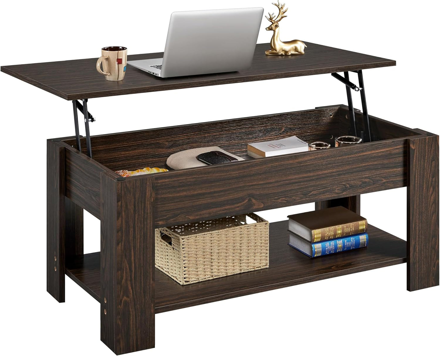 Yaheetech Wooden Coffee Table, Lift Top Coffee Table with Large Hidden Storage Shelf, Lift Tabletop Dining Tables for Living Room, Home Small Space, 38.6in, Black — Espresso / 47.2 inches