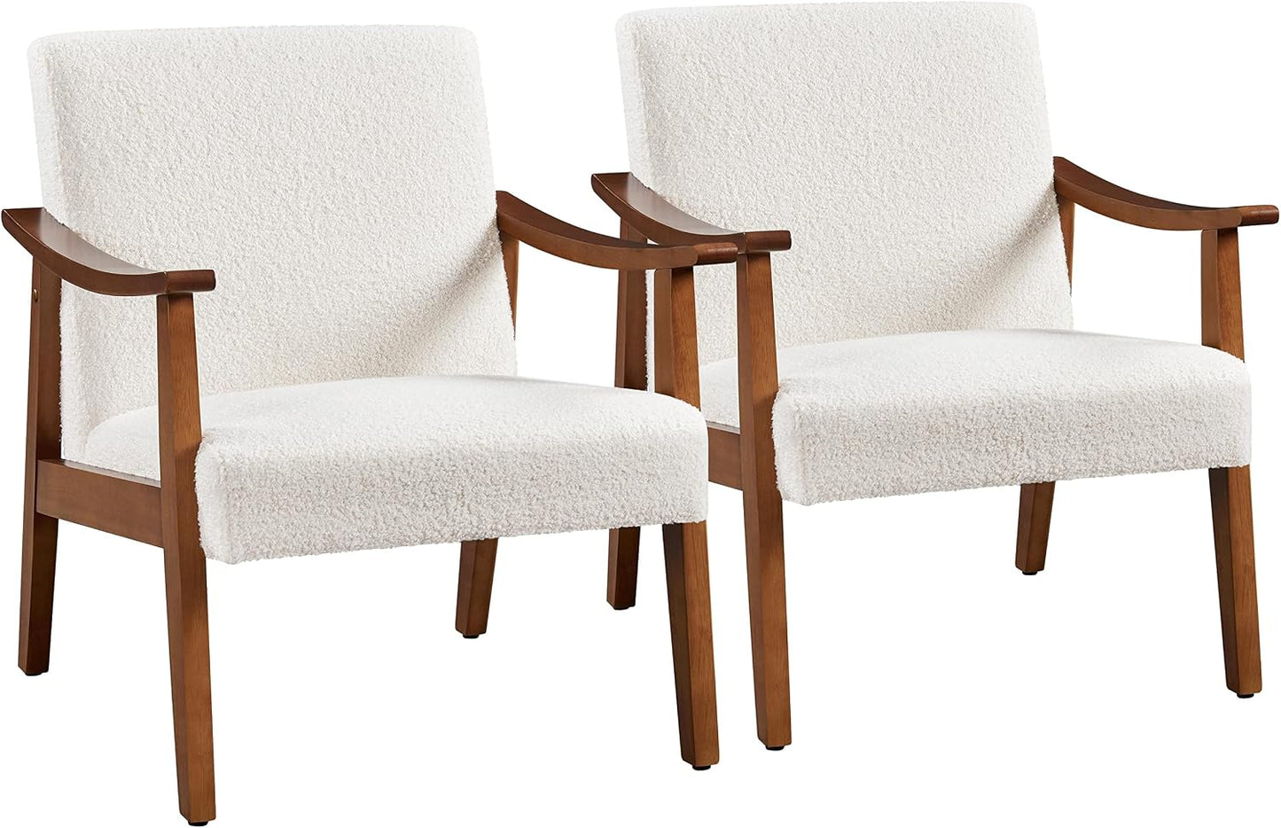 Yaheetech Faux Leather Accent Chair, Mid-Century Modern Armchair with Solid Wood Legs, Reading Leisure Chair with High Back for Living Room Bedroom Waiting Room, Set of 2, Brown — Ivory / Polyester Boucle Fabric