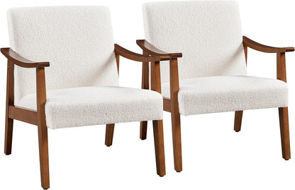 Yaheetech Faux Leather Accent Chair, Mid-Century Modern Armchair with Solid Wood Legs, Reading Leisure Chair with High Back for Living Room Bedroom Waiting Room, Set of 2, Brown — Ivory / Polyester Boucle Fabric