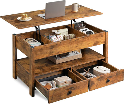 WLIVE Coffee Table with Lifting Top, Hidden Storage & Adjustable Shelf for Living Room Small Space, Multifunctional Rising Wooden Center Table, Mid Century Modern Tables for Home Dining Office, Brown