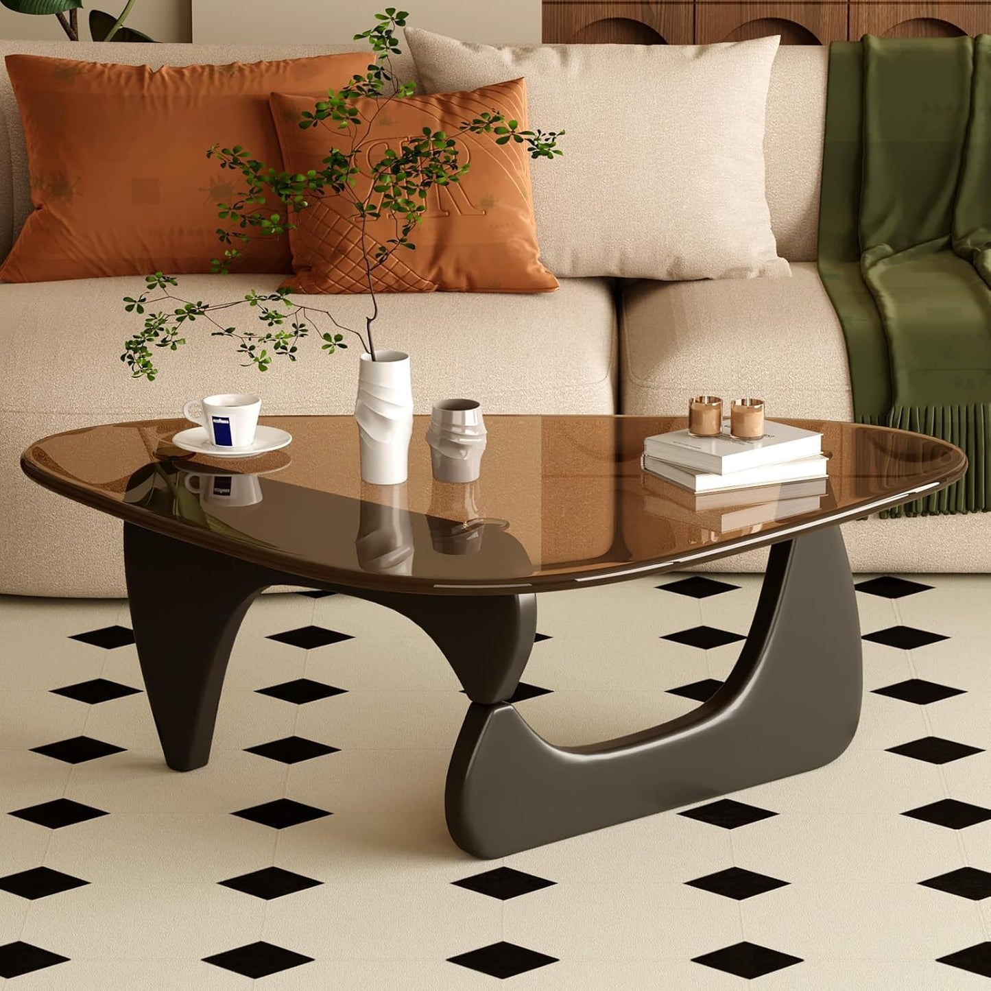 Coffee Table for Living Room Mid Century Modern Center Table with Glass Top and Wood, 36 Inch, Brown/Walnut — Black/Brown / 32 Inch