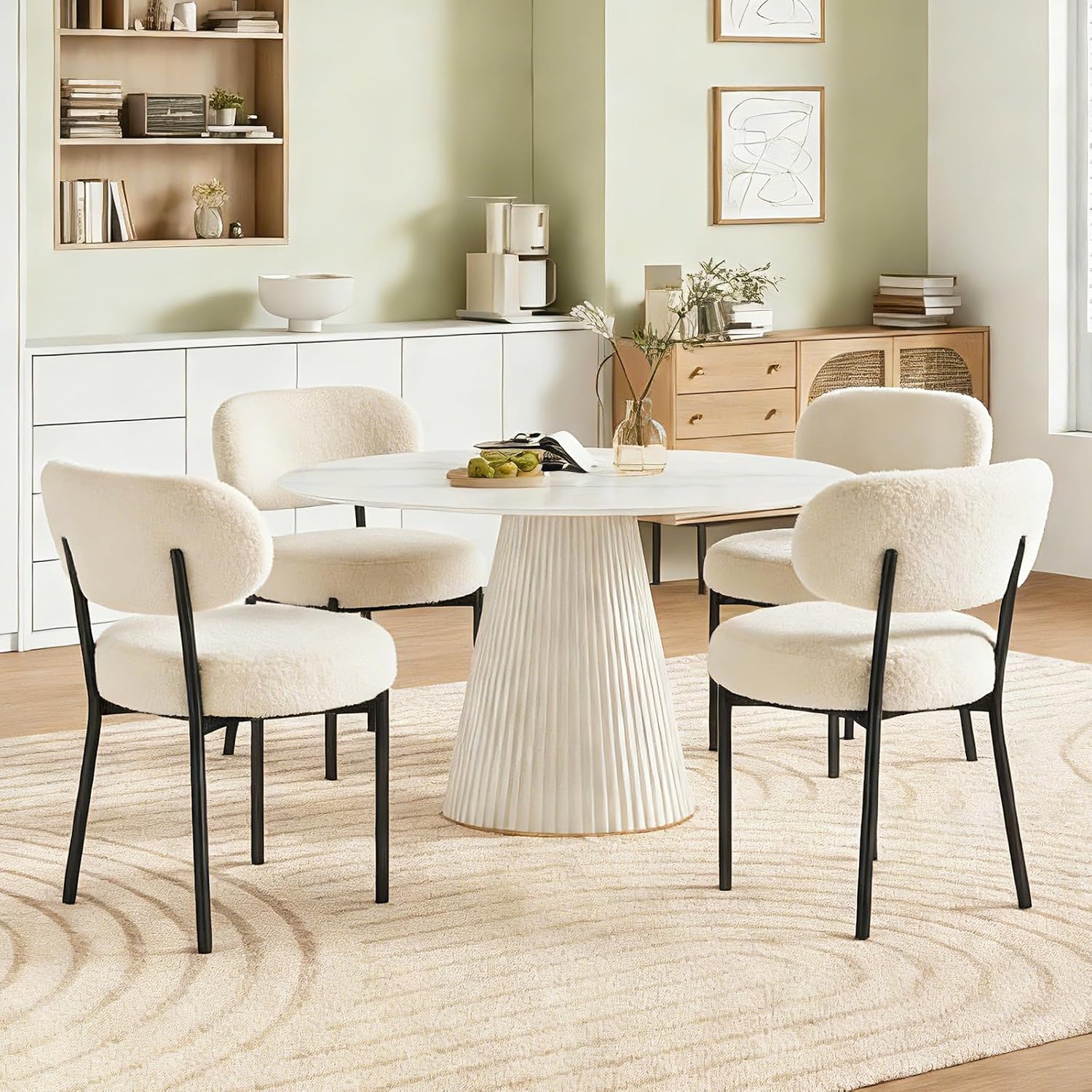 DUMOS Dining Chairs Set of 2, Mid Century Modern Chair Round Upholstered Curved Backrest, Kitchen Vanity Living Room Chairs with Black Metal Legs，Ivory White — Ivory White / Set of 2