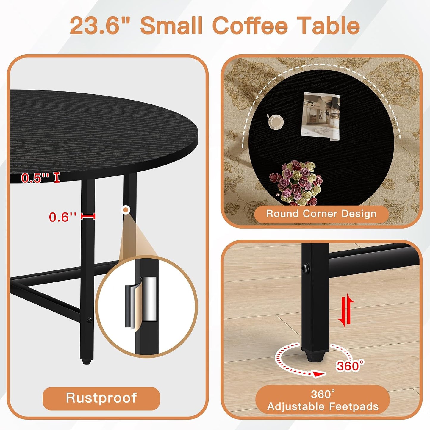 FAMIDGE Coffee Table, 23.6" Coffee Tables for Living Room, Round Coffee Table with Metal Frame, Floor Table for Sitting on The Floor, Home, Office, Black — Black / 1 Tier (5)