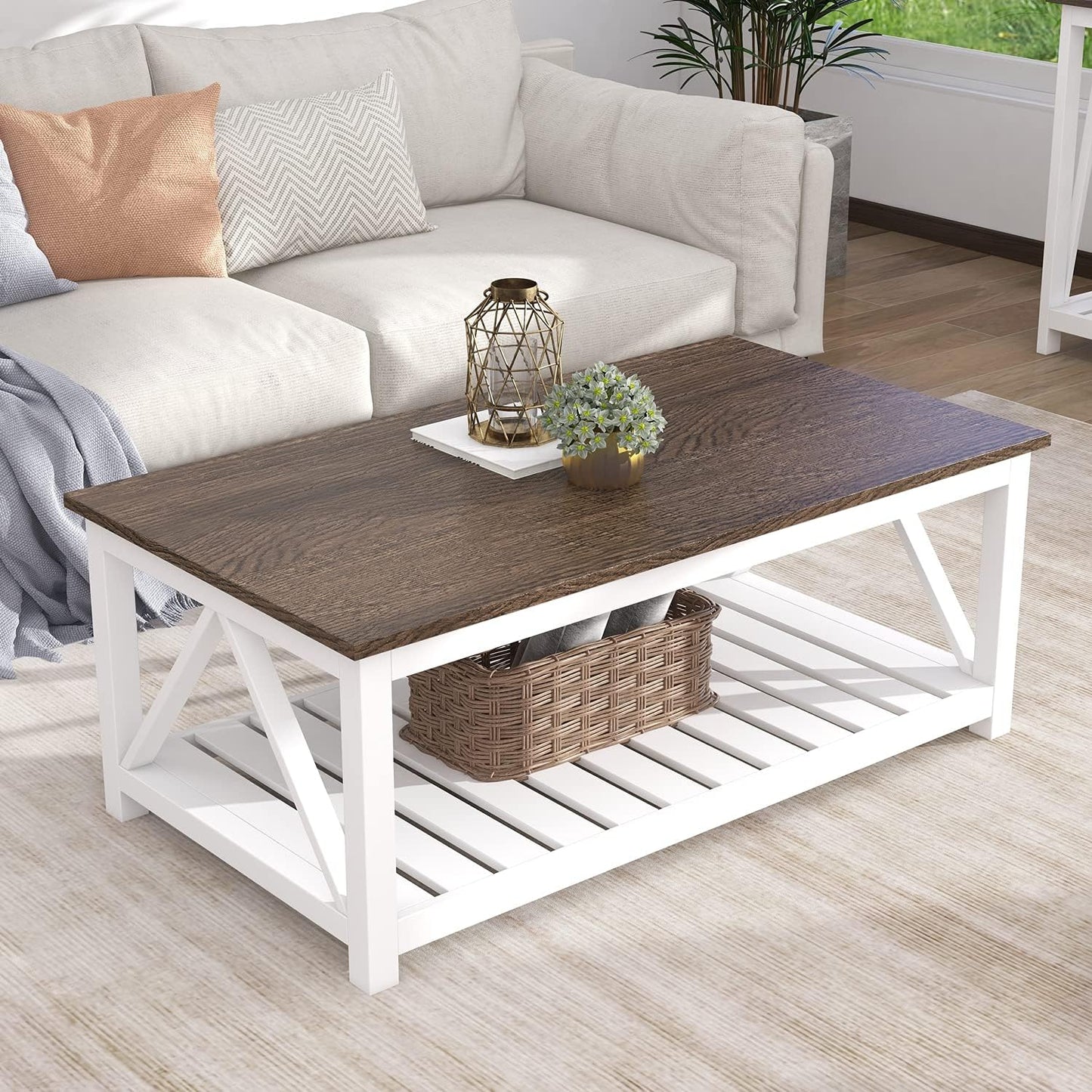 ChooChoo Farmhouse Coffee Table, Rustic Vintage Living Room Table with Shelf, 40 White — White / 40 Inches (4)