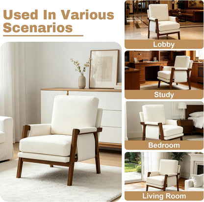 RNKSFX Cream Accent Chair for Bedroom & Living Room, Mid Century Modern Accent Arm Chair, Upholstered Anthropologie Accent Chair with Solid Wood Frame, Fabric — 1 / Cream White (7)